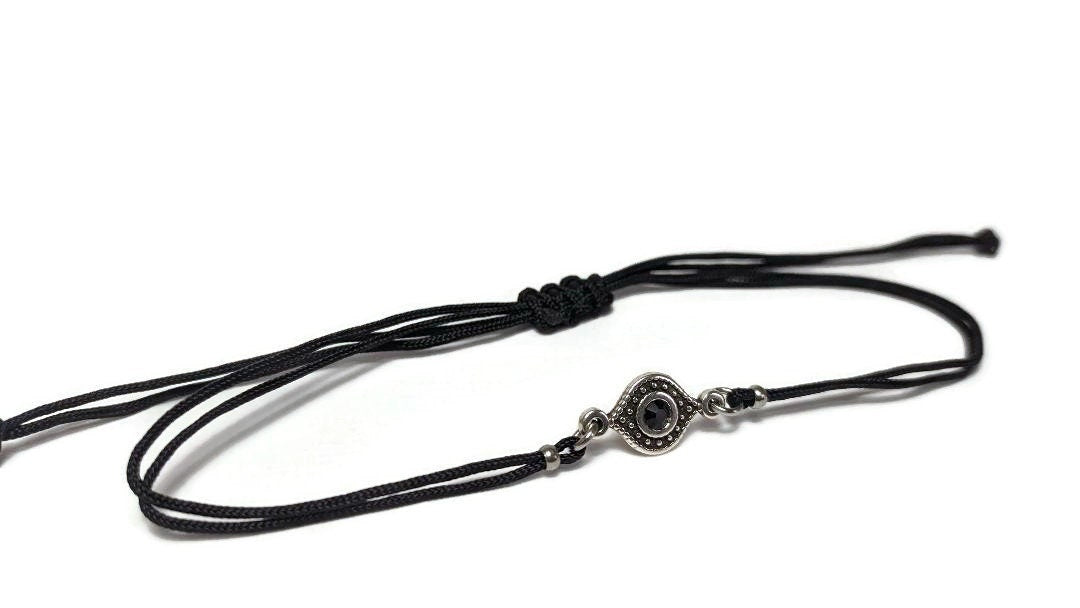 Black evil eye adjustable bracelet with black stone, good luck bracelet for him or for her