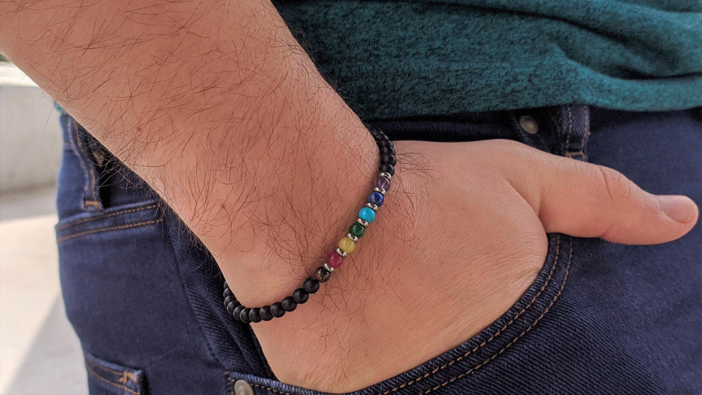 Men's 7 chakra protection bracelet, onyx bracelet, gift for him, meditation jewelry