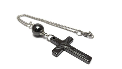 Cross Mirror Charm - Hematite Christian Cross Pendant - Car Decoration