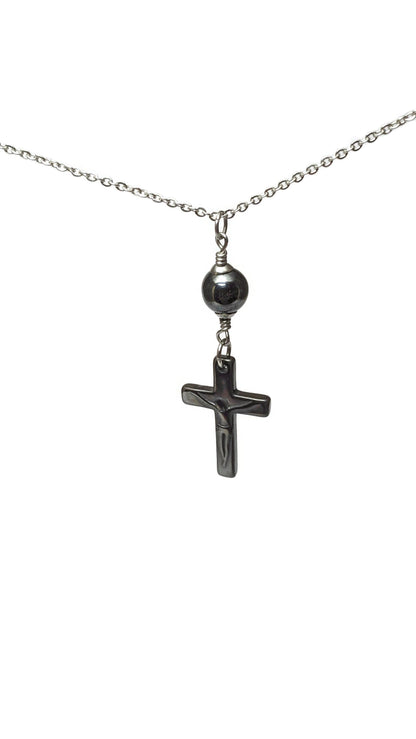 Cross Mirror Charm - Hematite Christian Cross Pendant - Car Decoration