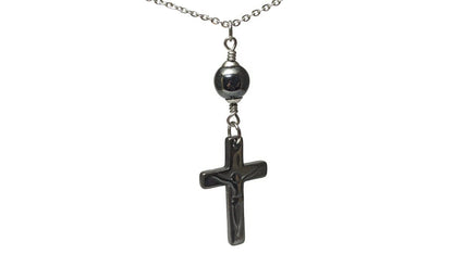 Cross Mirror Charm - Hematite Christian Cross Pendant - Car Decoration