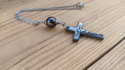 Cross Mirror Charm - Hematite Christian Cross Pendant - Car Decoration