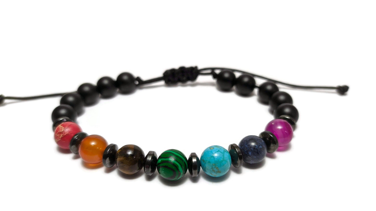 7 chakra beads bracelet, healing onyx bracelet, adjustable bracelet, for her or for him