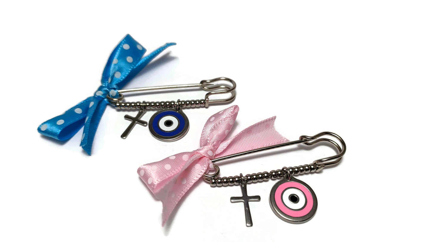 Evil eye cross safety pin, baby evil eye baby protection, baby gift, available in pink and blue