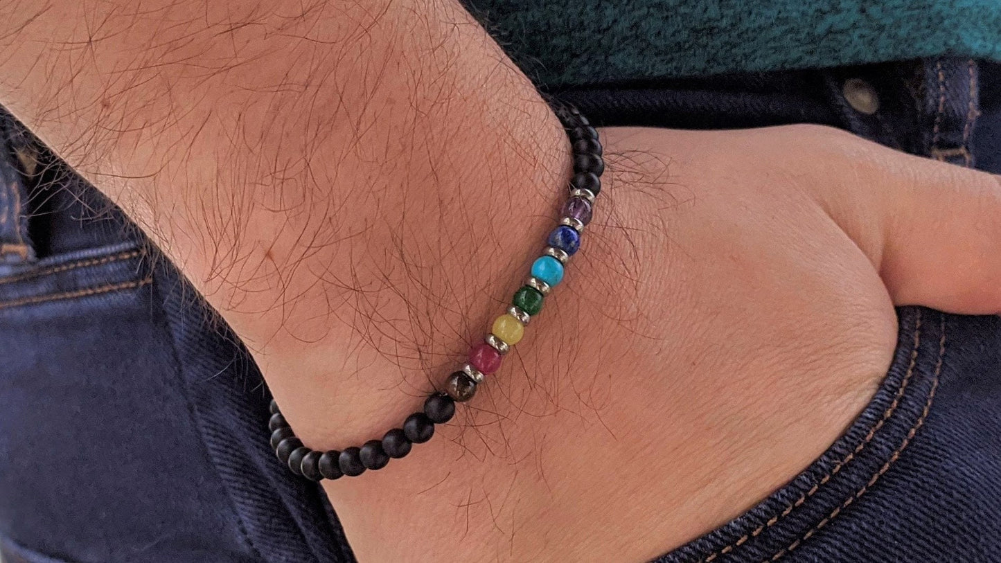 Men's 7 chakra protection bracelet, onyx bracelet, gift for him, meditation jewelry