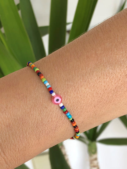 Bracelet Multicolore Oeil Bleu Perles Rocailles  - Petit bracelet - Cadeau pour elle