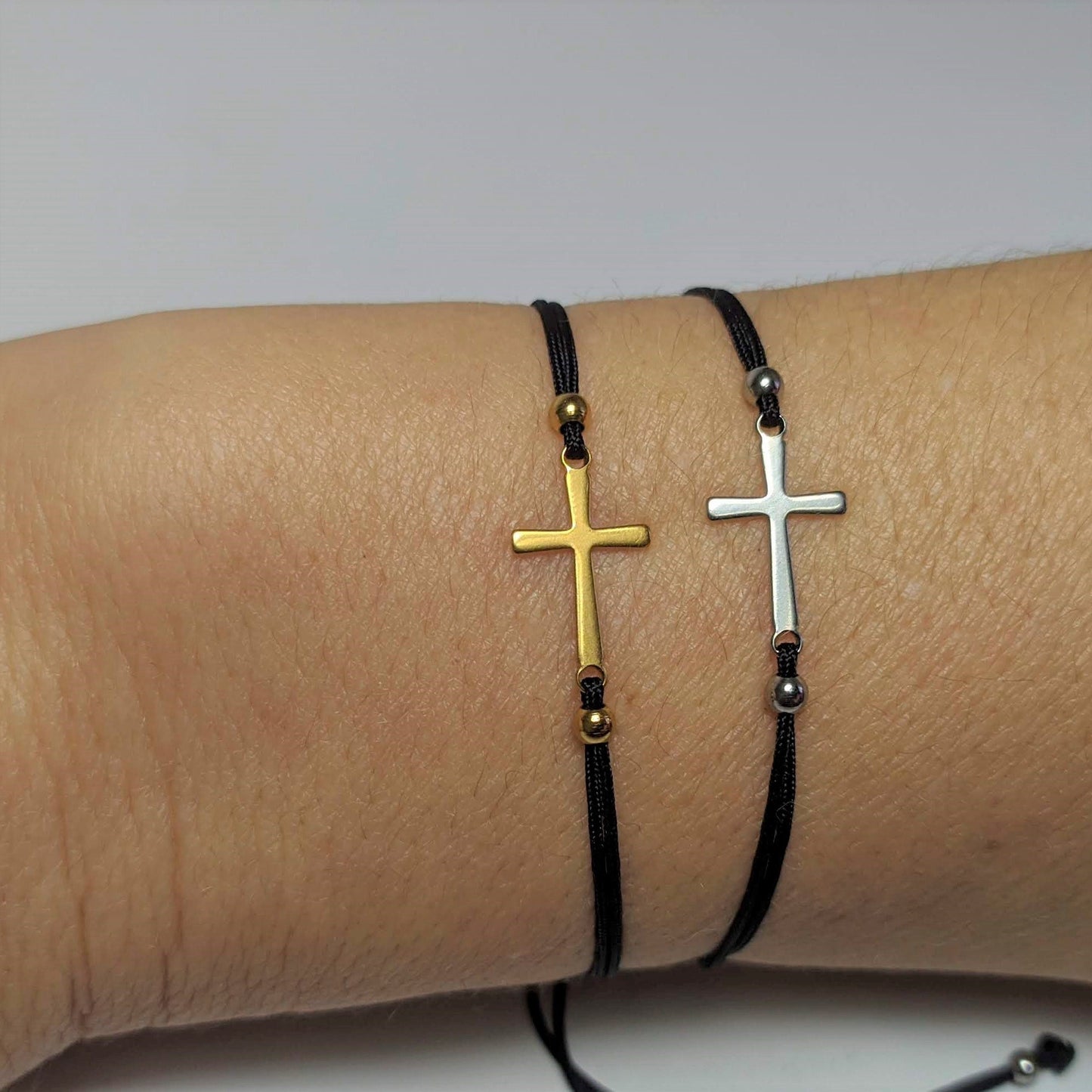 Tiny adjustable cross bracelet, stainless jewelry, gold or silver cross
