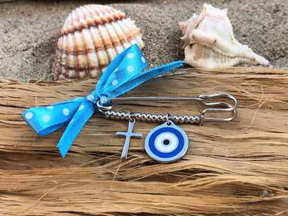 Evil Eye Cross Safety Pin - Baby Protection - Baby Gift