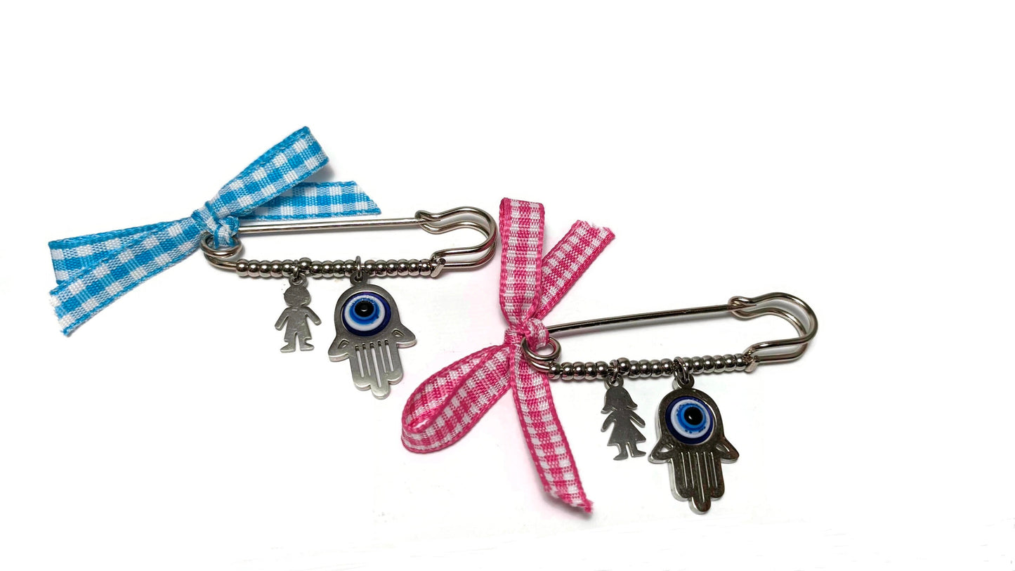 Evil eye hamsa safety pin, Stainless evil eye baby protection, baby gift,