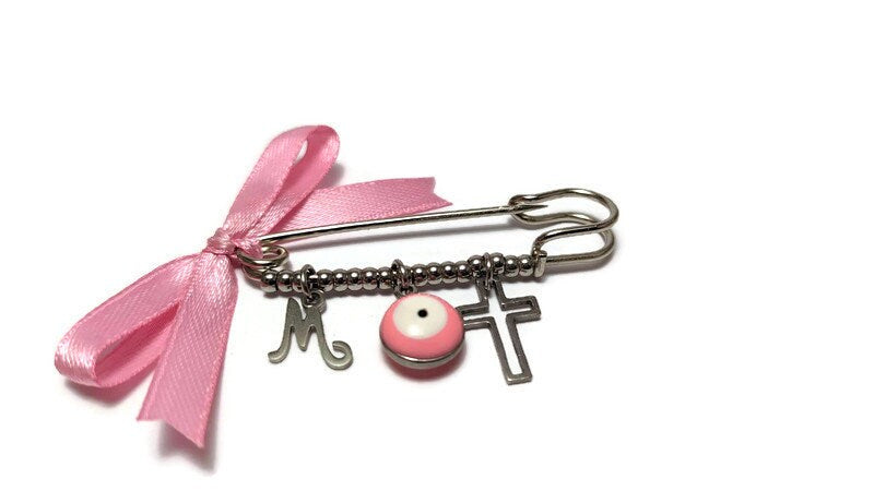 Personalized evil eye safety pin, baby protection, available in pink and blue