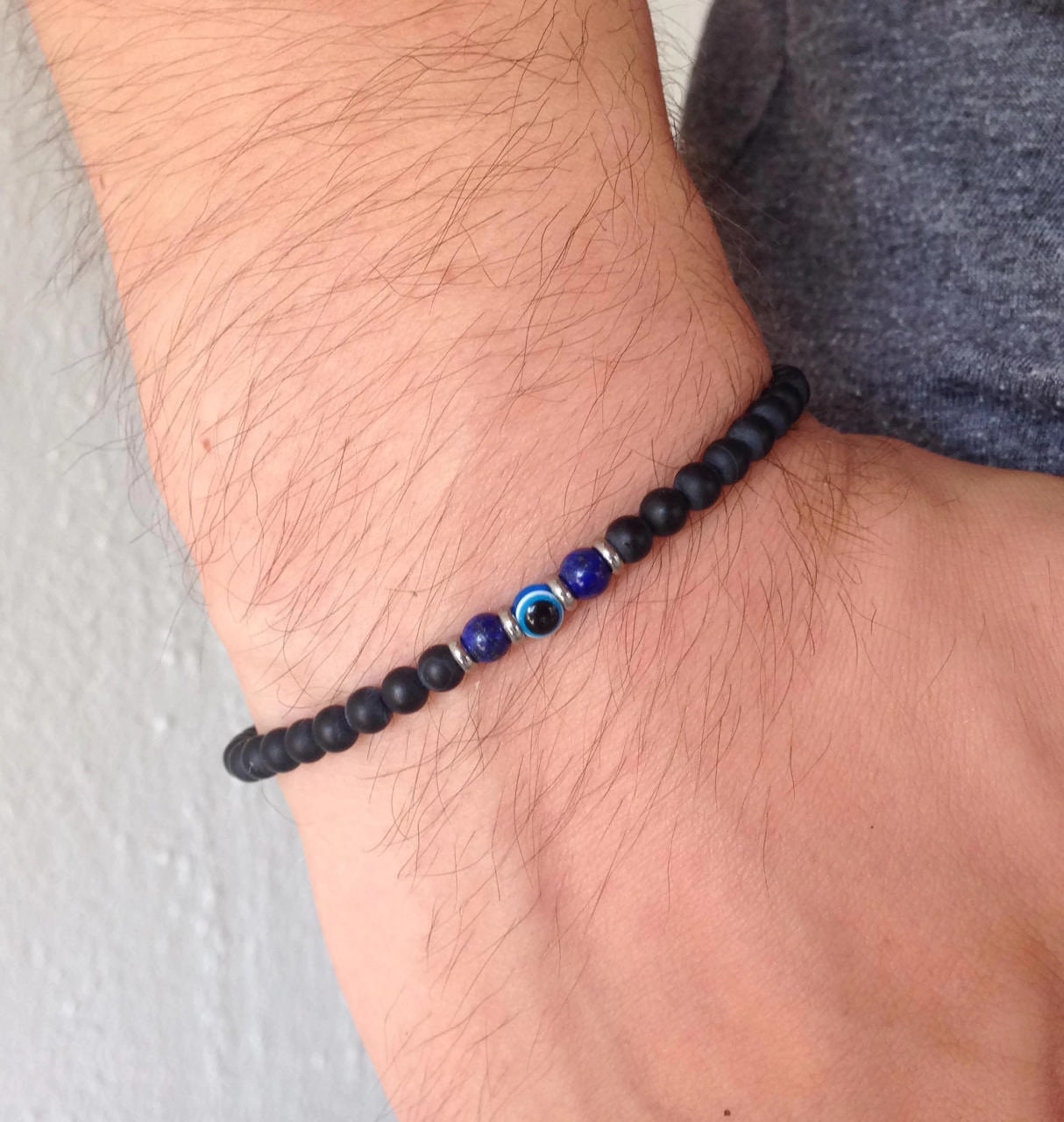 Evil eye onyx and lapis lazuli beaded bracelet, for her or for him