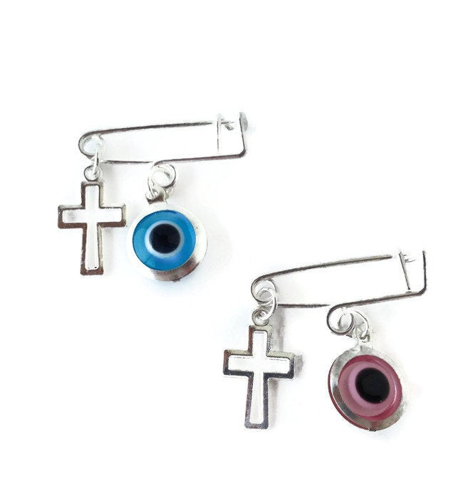 Evil eye cross safety pin, baby protection jewelry, new born gift