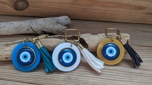 Handmade Evil Eye Bag Charm & Tassel Keychain | Greek Gift | Customizable Colors