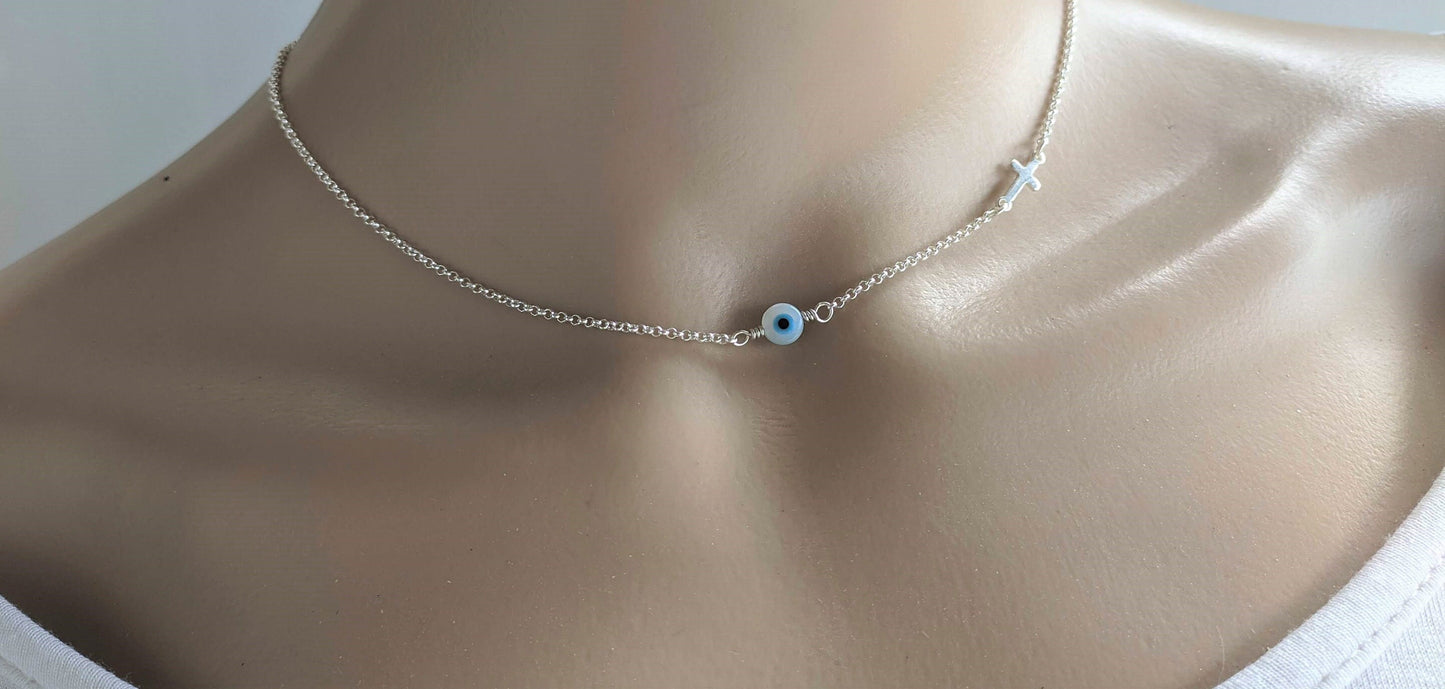 Evil eye MOP cross necklace - sterling silver evil eye jewelry - Greek jewelry