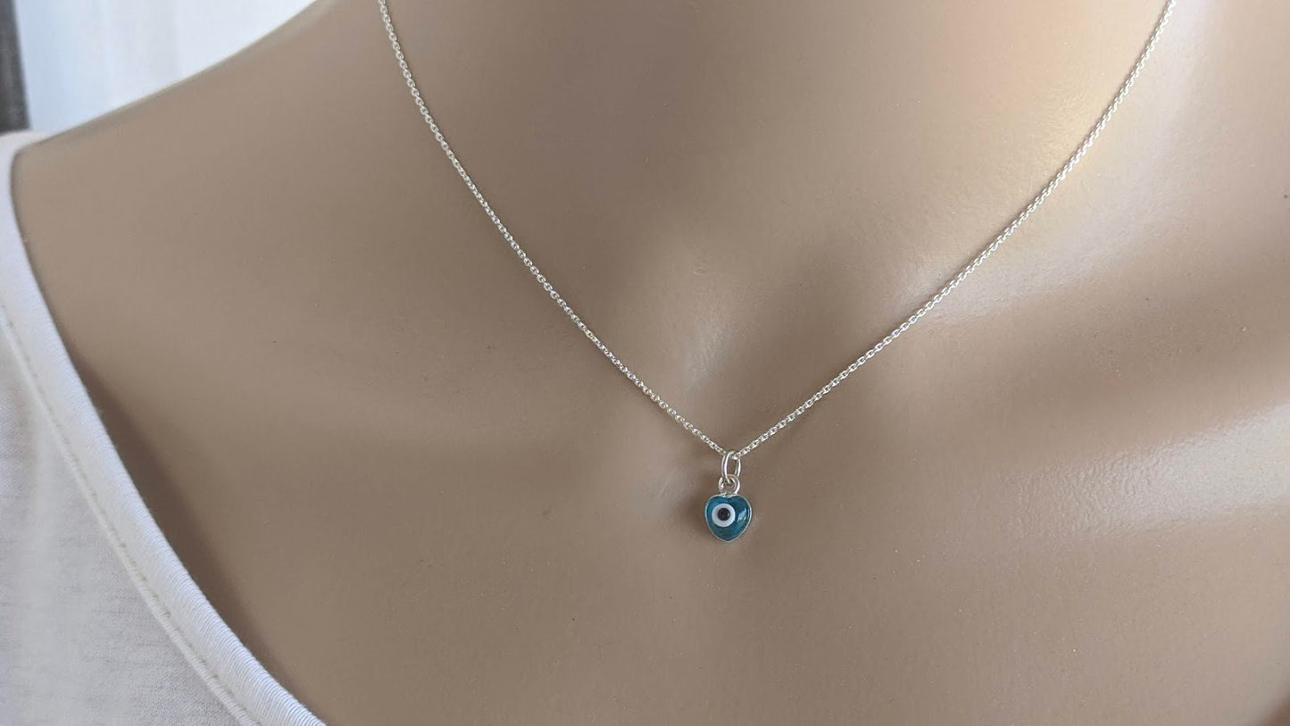 Tiny evil eye heart pendant necklace, sterling silver necklace, blue evil eye pendant