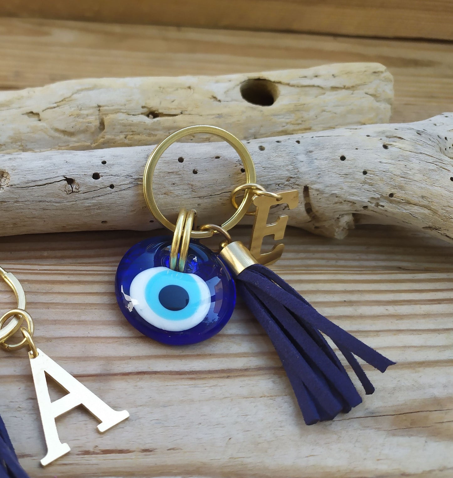 Personalized Glass Evil eye keychain - Brass bag charm  - Greek evil eye keyring