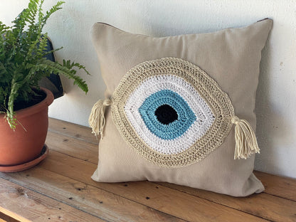 Handmade evil eye cushion cover - house ornament - crochet pillow - Greek gift