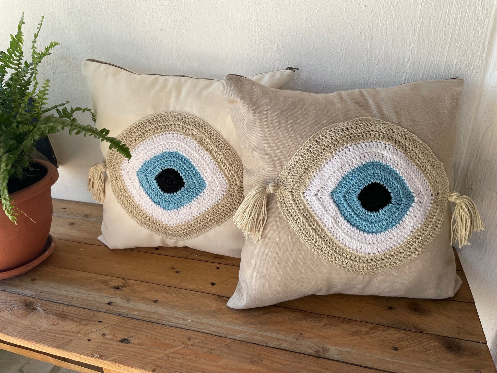 Handmade evil eye cushion cover - house ornament - crochet pillow - Greek gift