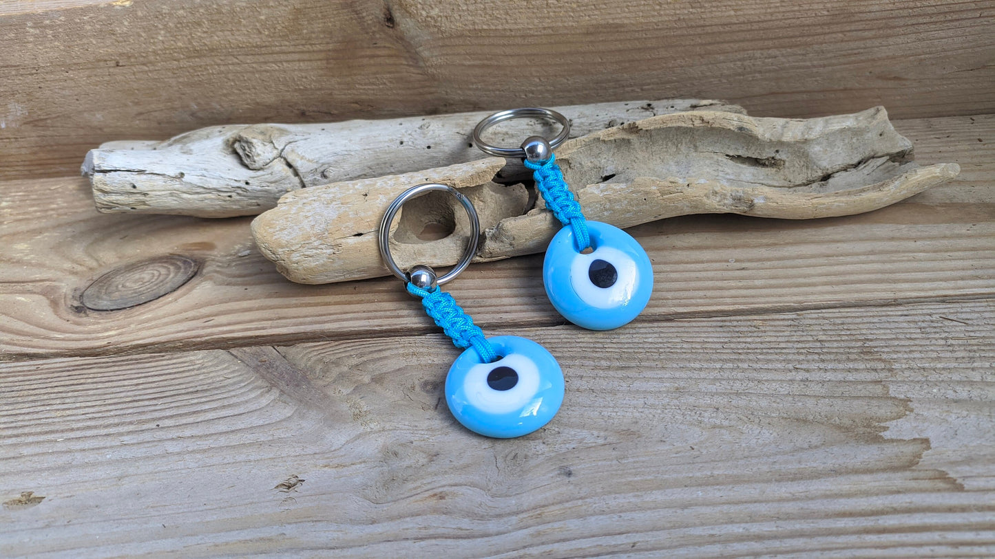 Glass turquoise Evil eye keychain , stainless or brass car protection