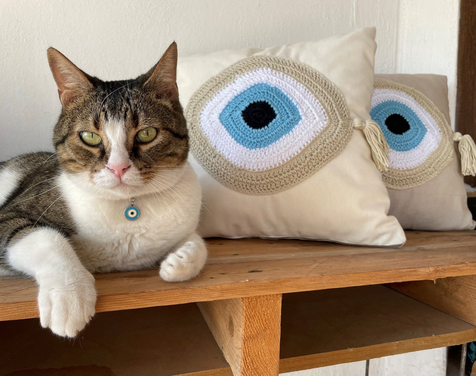 Handmade evil eye cushion cover - house ornament - crochet pillow - Greek gift