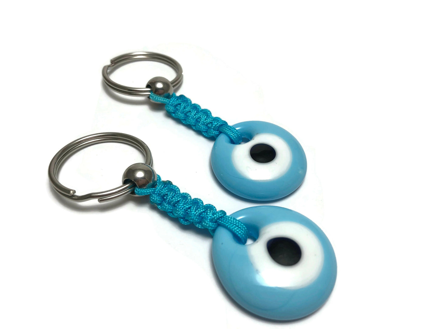 Glass turquoise Evil eye keychain , stainless or brass car protection