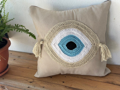 Handmade evil eye cushion cover - house ornament - crochet pillow - Greek gift