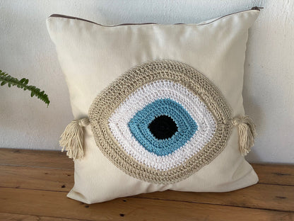 Handmade evil eye cushion cover - house ornament - crochet pillow - Greek gift