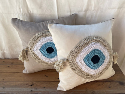 Handmade evil eye cushion cover - house ornament - crochet pillow - Greek gift