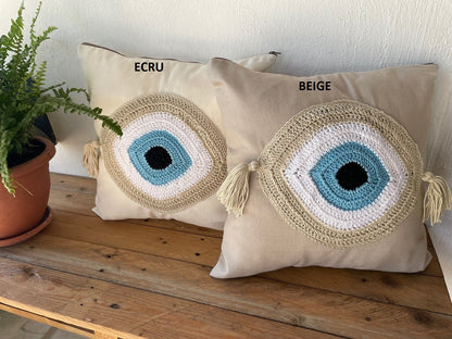 Handmade evil eye cushion cover - house ornament - crochet pillow - Greek gift