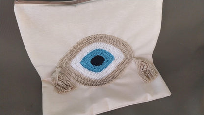 Handmade evil eye cushion cover - house ornament - crochet pillow - Greek gift