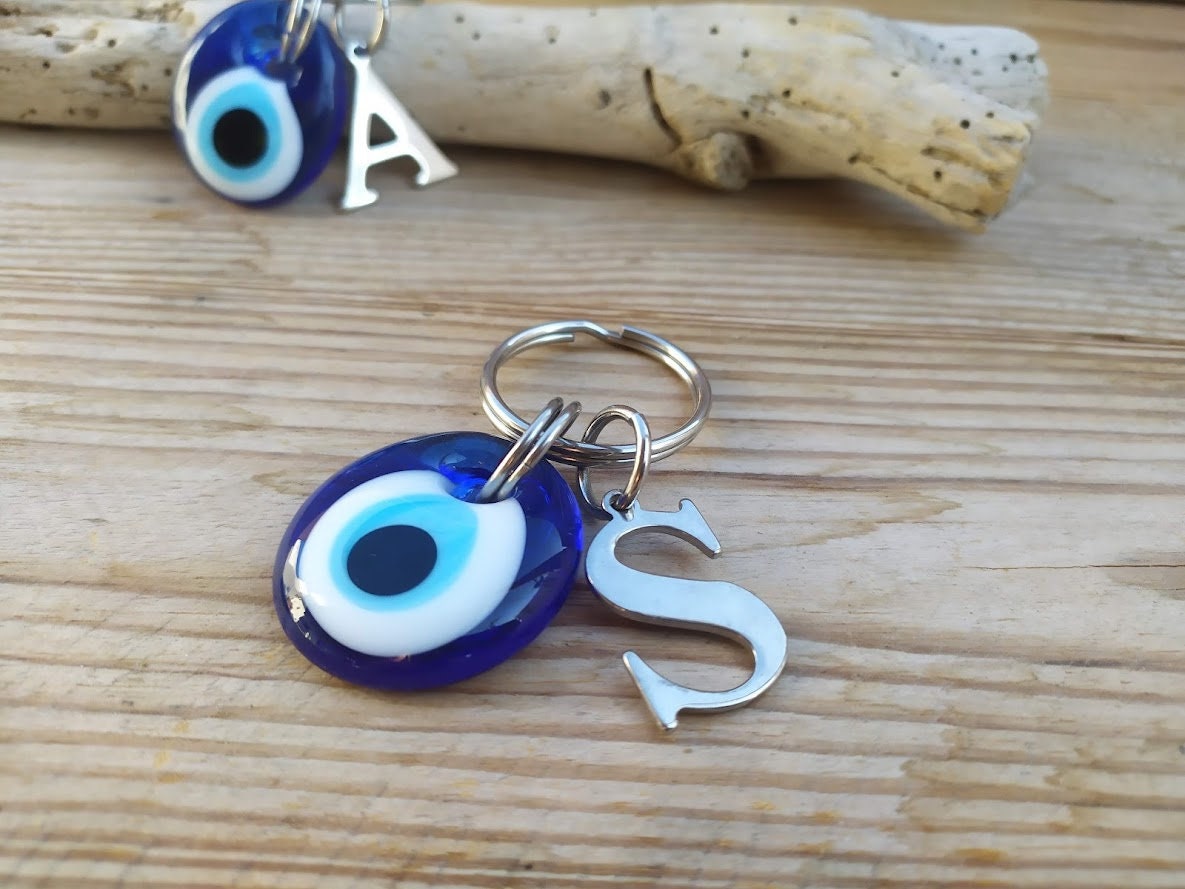 Personalized Greek Evil eye keychain - Stainless steel bag charm  - Greek gift