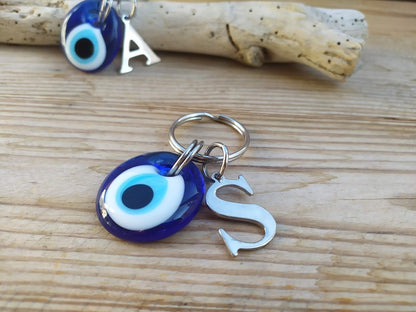 Personalized Greek Evil Eye Keychain - Stainless Steel Bag Charm