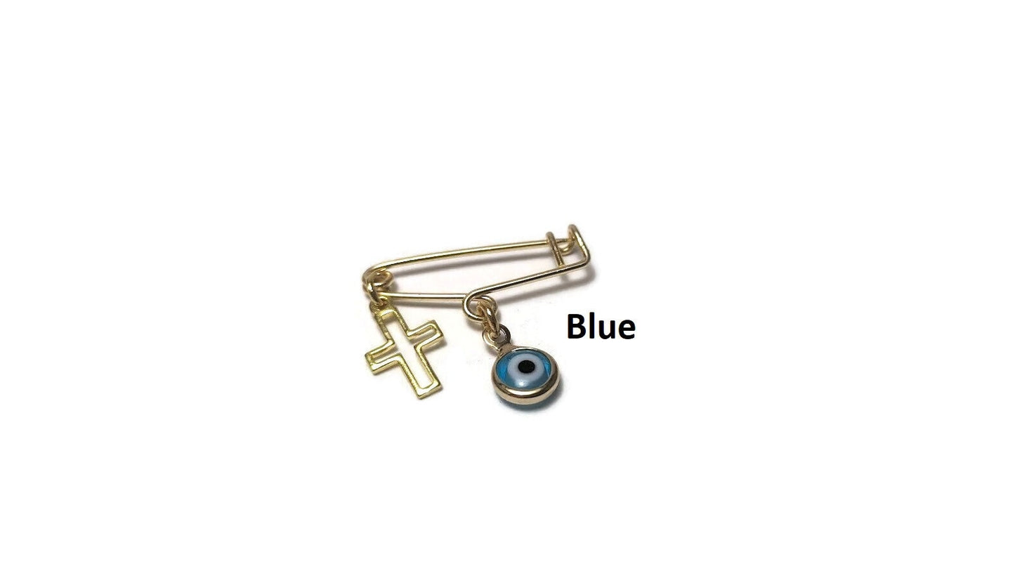Evil eye cross safety pin, baby protection jewelry