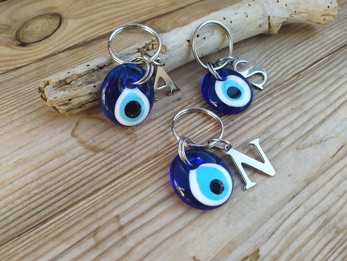 Personalized Greek Evil eye keychain - Stainless steel bag charm  - Greek gift