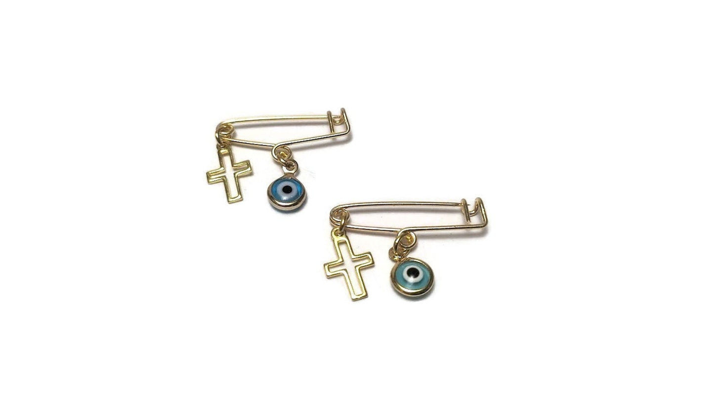 Evil eye cross safety pin, baby protection jewelry