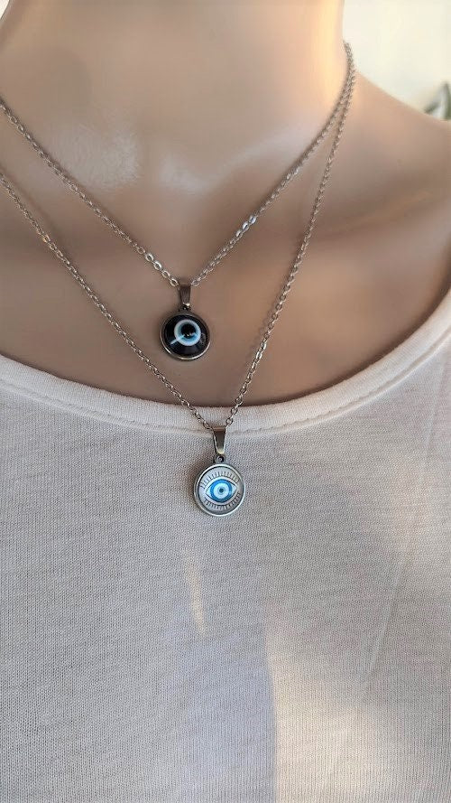 Evil eye pendant necklace, Greek pendant, evil eye charm in stainless steel