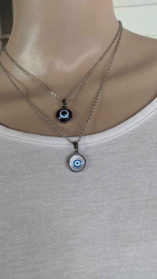 Evil eye pendant necklace, Greek pendant, evil eye charm in stainless steel