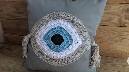 Housse de Coussin Gris Oeil Bleu Fait Main