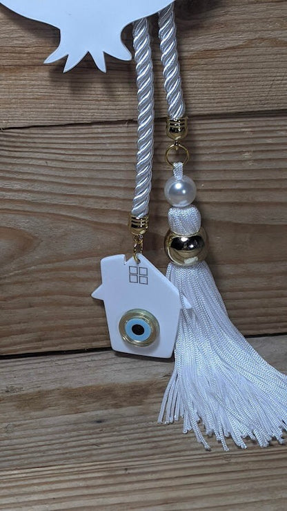 Handmade Evil Eye White Pomegranate Wall Hanging | Large Gold Tone Home Decor