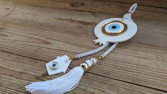 Handmade Evil Eye White Pomegranate Wall Hanging | Large Gold Tone Home Decor