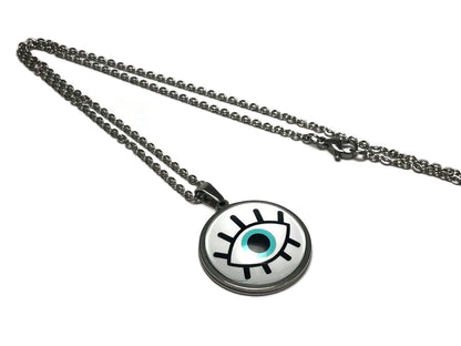 Collier Oeil Bleu en Verre en Acier