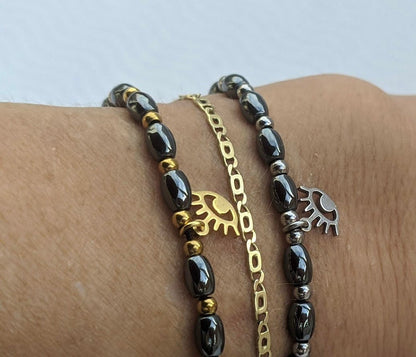 Bracelet Hématite Oeil Bleu - Cadeau Pour Elle