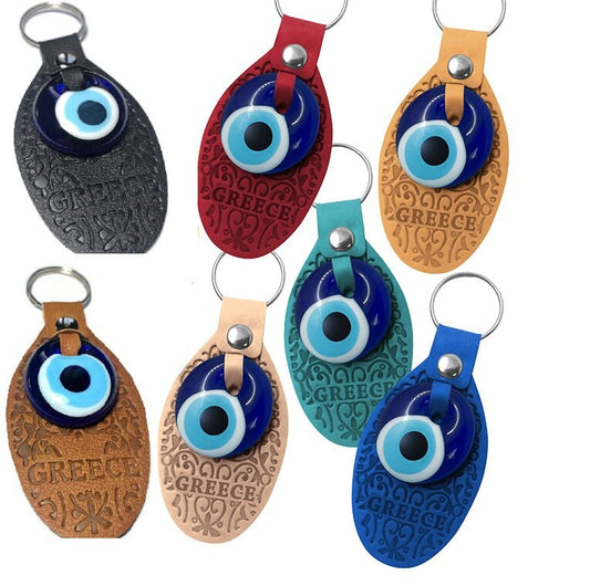 Evil eye keychain  - Leather vegan Keyring - Greek evil eye keyring