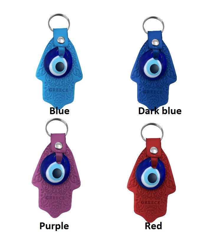 Evil eye Hamsa keychain  - Leather vegan Keyring - Greek evil eye keyring