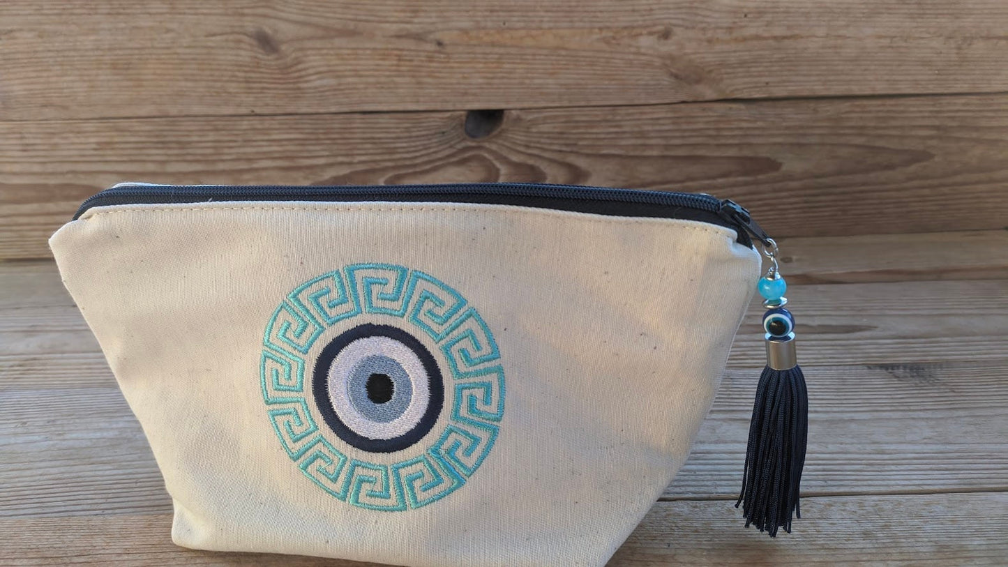Greek Key Embroidered Makeup Bag – Evil Eye pouch – Greek Gift
