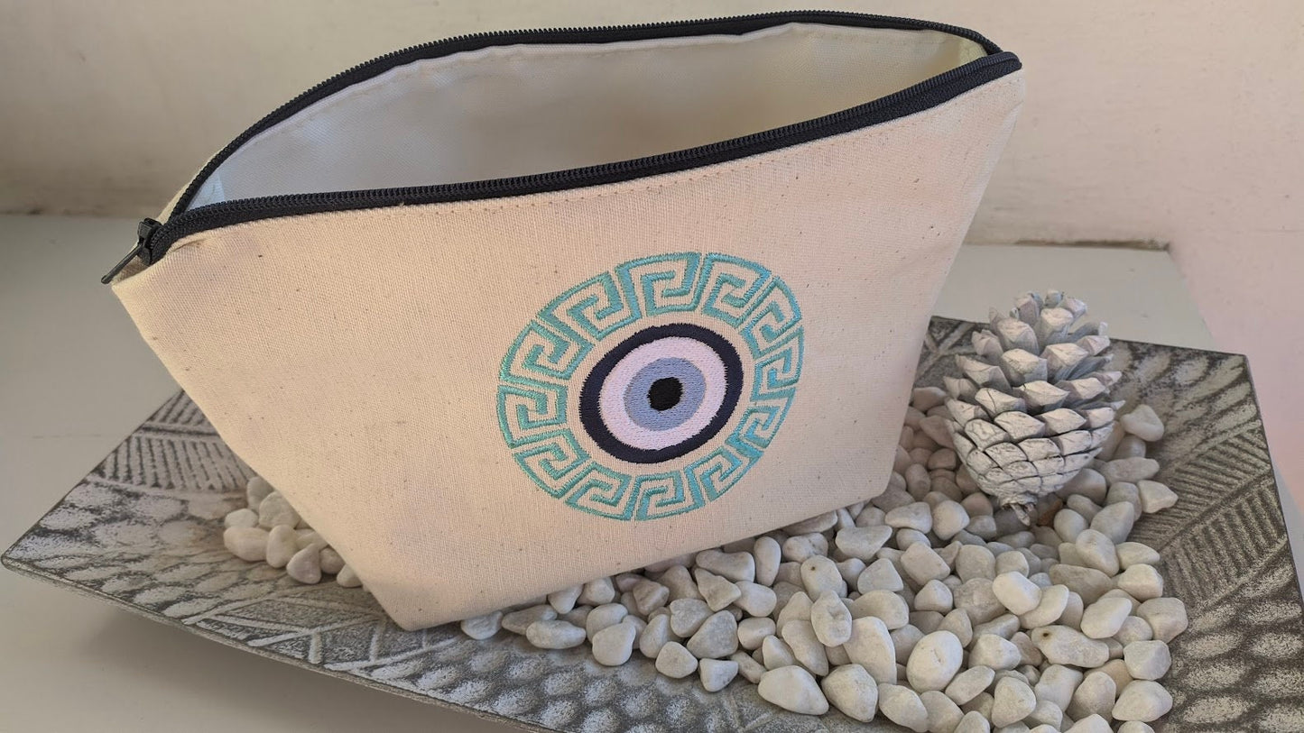 Greek Key Embroidered Makeup Bag – Evil Eye pouch – Greek Gift