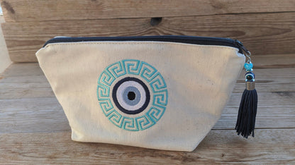 Greek Key Embroidered Makeup Bag – Evil Eye pouch – Greek Gift