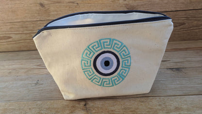 Greek Key Embroidered Makeup Bag – Evil Eye pouch – Greek Gift