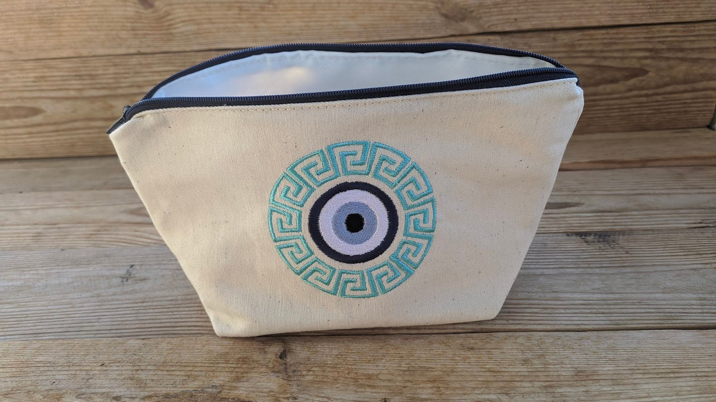 Greek Key Embroidered Makeup Bag – Evil Eye pouch – Greek Gift