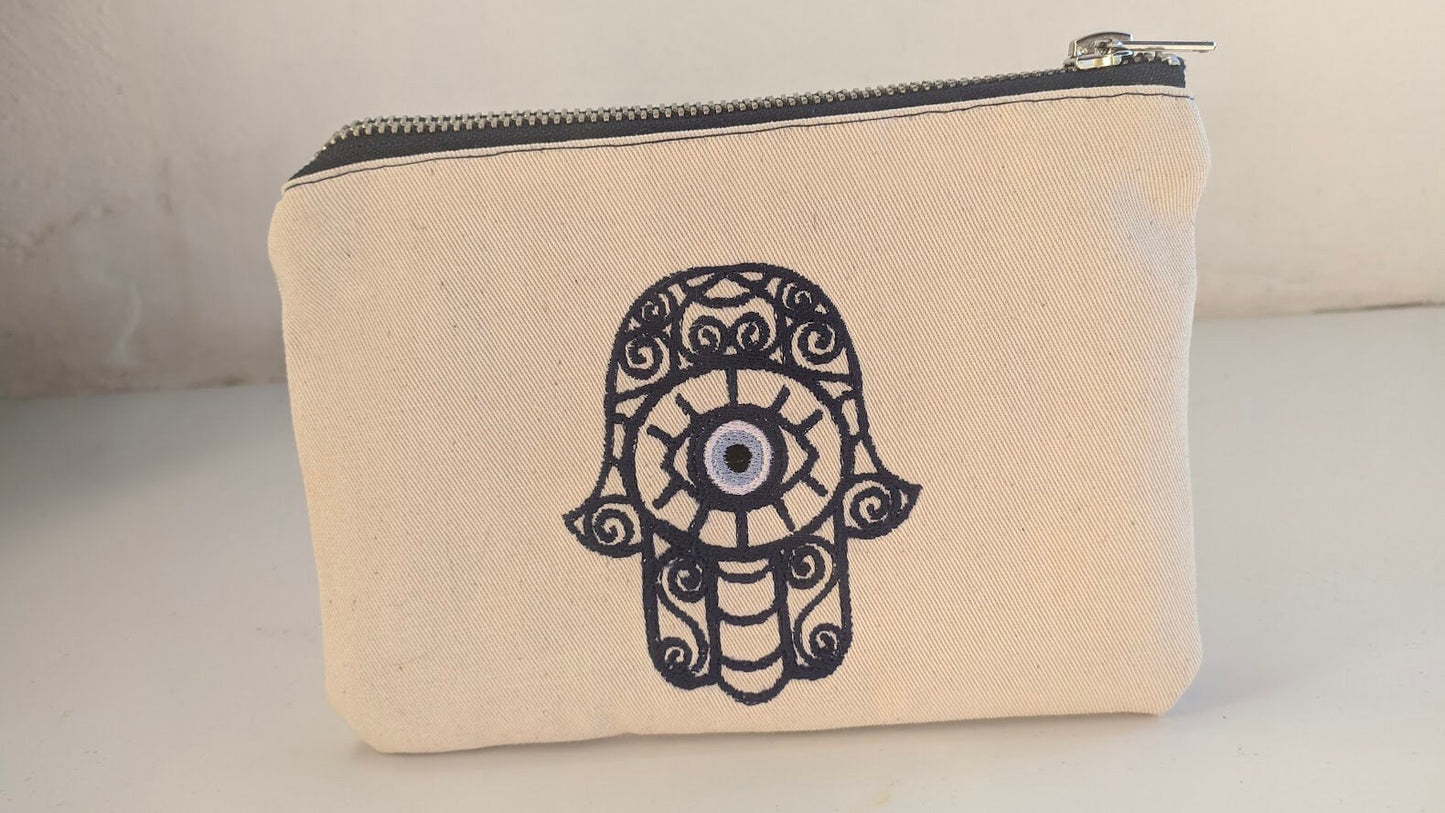 Hamsa Evil Eye Pouch – Canvas Pouch – Handmade Greek Bag - Gift for Her